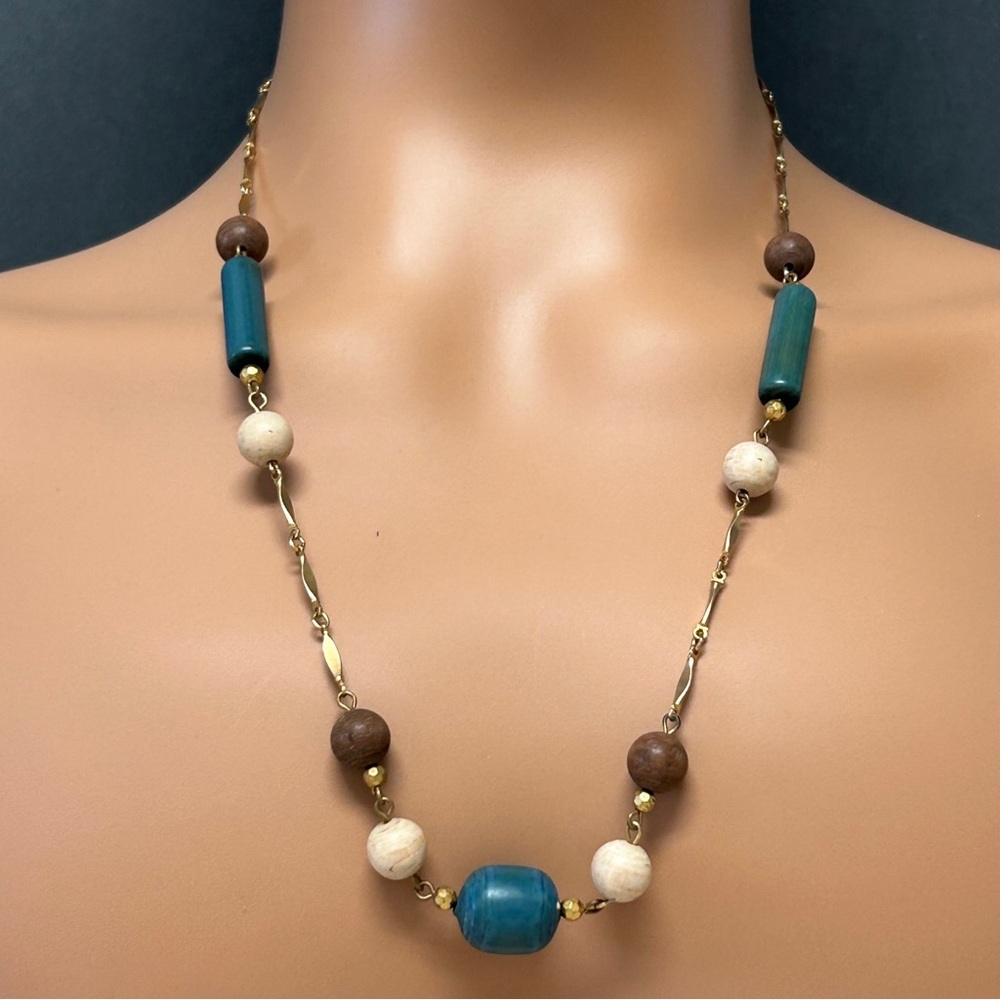 Contemporary Gold & Multicolored Wooden Beaded Necklace